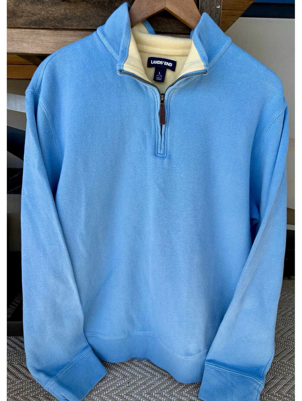 Lands' End Men's 1/4 Zip Mock Neck Cotton Knit Pullover Sweatshirt Blue L